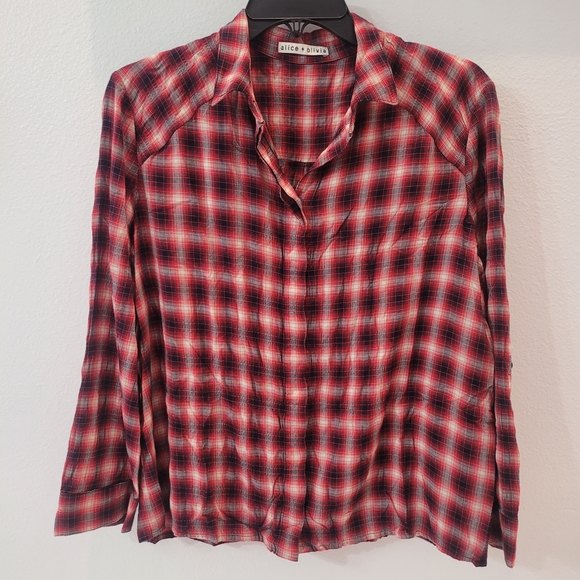 Alice + olivia red and white  crinkle plaid button down XS - Picture 3 of 15